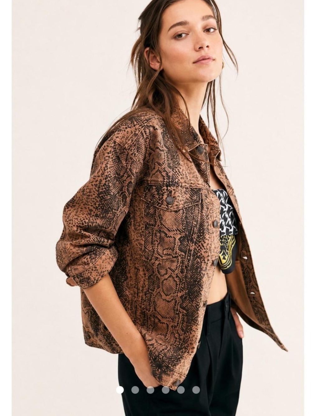 Free People jacket is a brown and black snake-printed denim jacket Size S